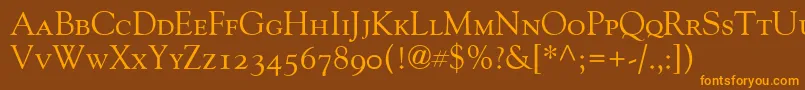 Więcej informacji o czcionce GoudyOldStyleSmallCapsOldStyleFigures Czcionka GoudyOldStyleSmallCapsOldStyleFigures – pomarańczowe czcionki na brązowym tle