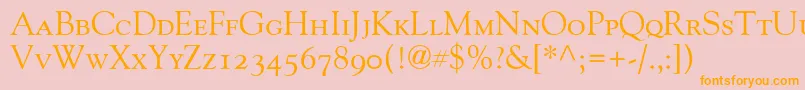 フォントGoudyOldStyleSmallCapsOldStyleFigures – オレンジの文字がピンクの背景にあります。
