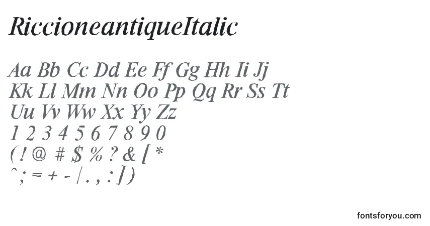 Czcionka RiccioneantiqueItalic – alfabet, cyfry, specjalne znaki