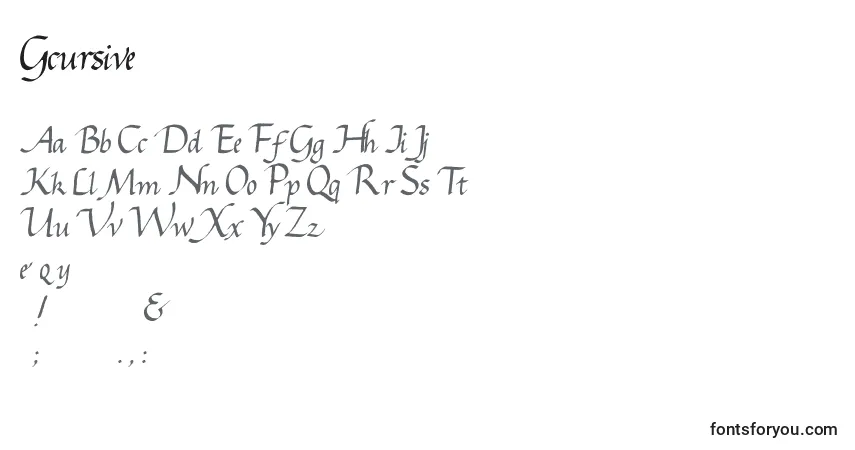Gcursive-fontti – aakkoset, numerot, erikoismerkit
