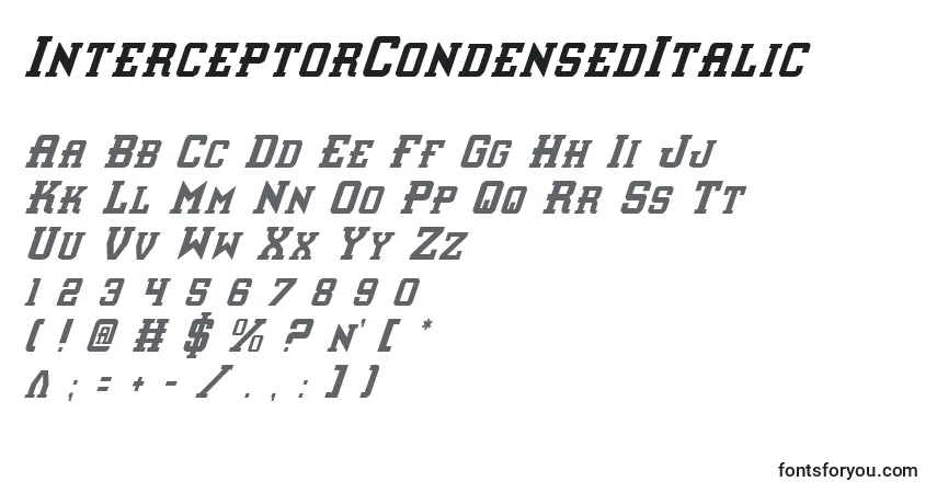 Fuente InterceptorCondensedItalic - alfabeto, números, caracteres especiales
