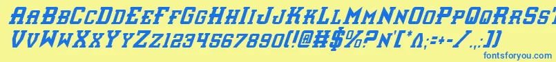 フォントInterceptorCondensedItalic – 青い文字が黄色の背景にあります。