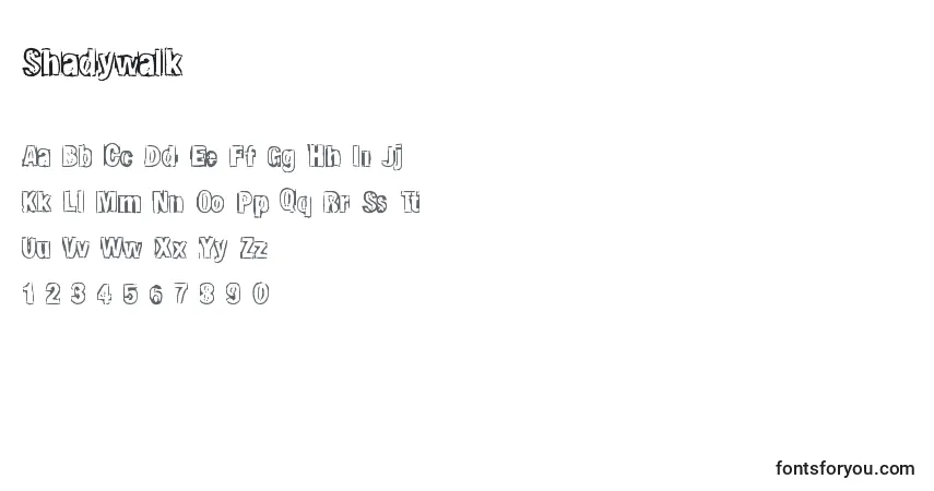 Czcionka Shadywalk – alfabet, cyfry, specjalne znaki