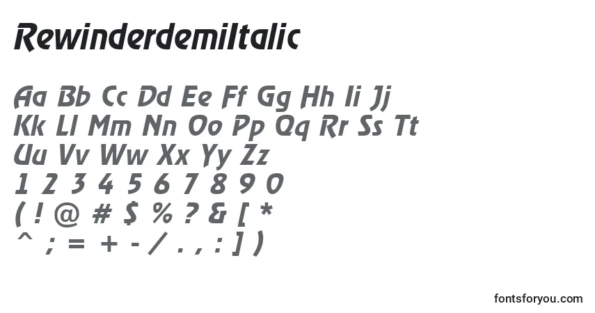 A fonte RewinderdemiItalic – alfabeto, números, caracteres especiais