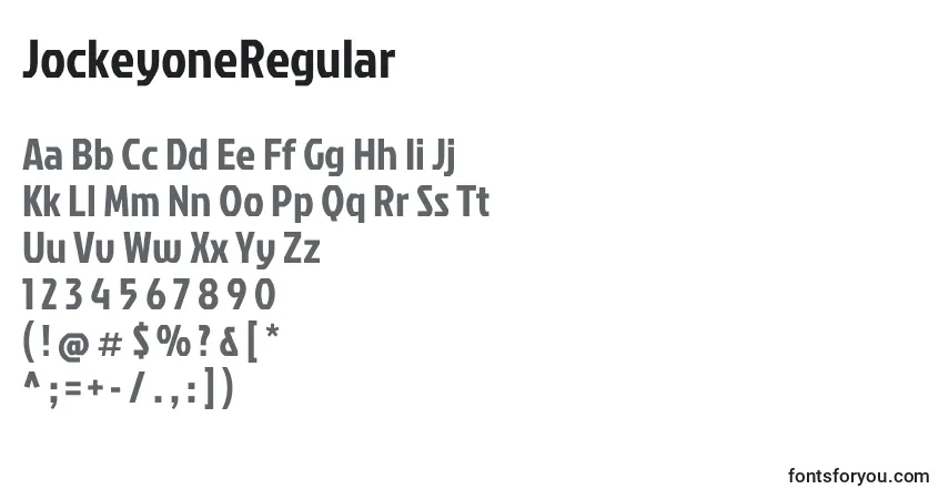 Czcionka JockeyoneRegular – alfabet, cyfry, specjalne znaki