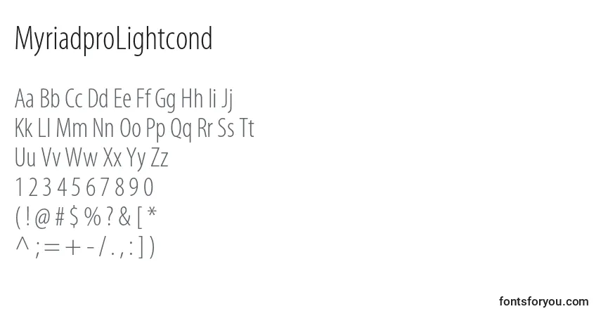 Шрифт MyriadproLightcond – алфавит, цифры, специальные символы