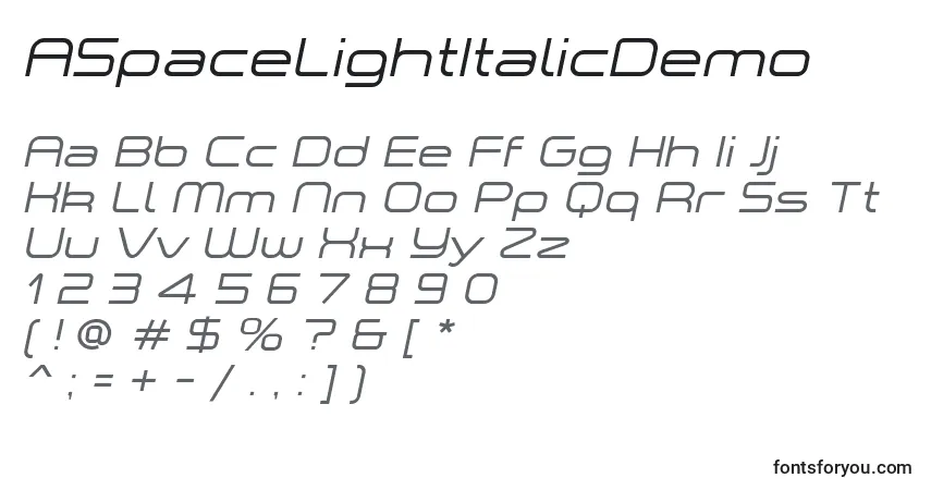 Schriftart ASpaceLightItalicDemo – Alphabet, Zahlen, spezielle Symbole
