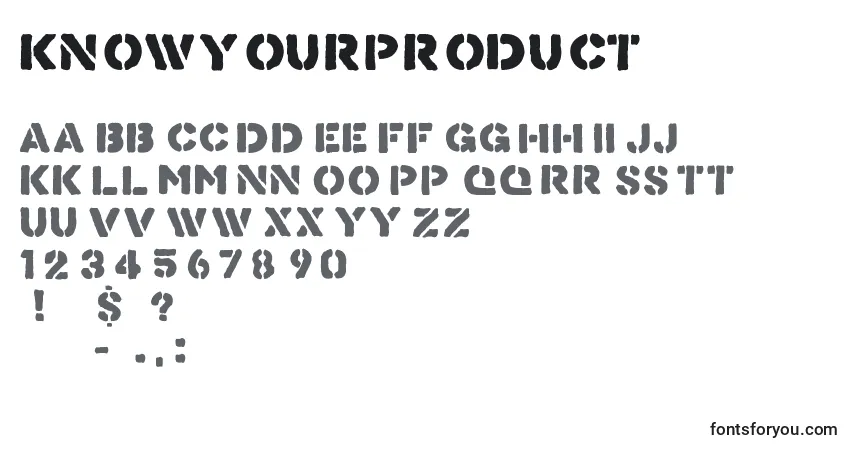 Czcionka KnowYourProduct – alfabet, cyfry, specjalne znaki