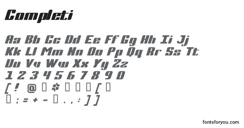 Czcionka Completi – alfabet, cyfry, specjalne znaki