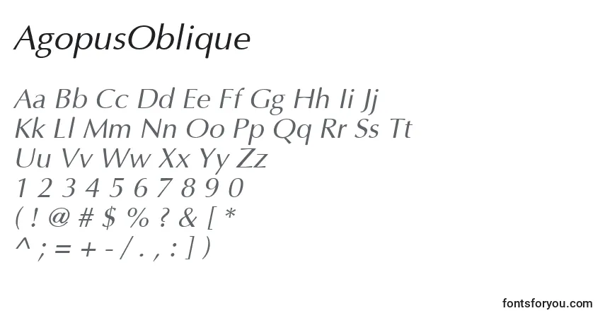 AgopusOblique-fontti – aakkoset, numerot, erikoismerkit