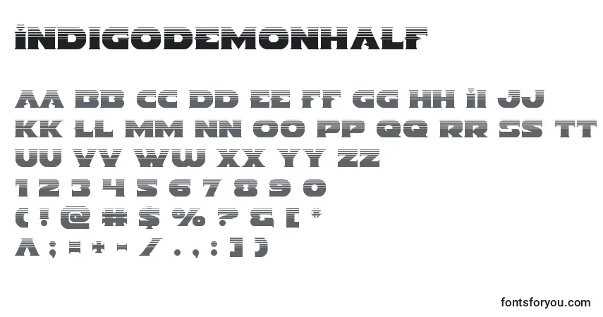 Czcionka Indigodemonhalf – alfabet, cyfry, specjalne znaki