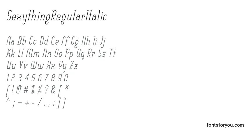 Schriftart SexythingRegularItalic – Alphabet, Zahlen, spezielle Symbole