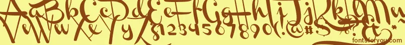 フォントChannelLeftSlanted – 茶色の文字が黄色の背景にあります。