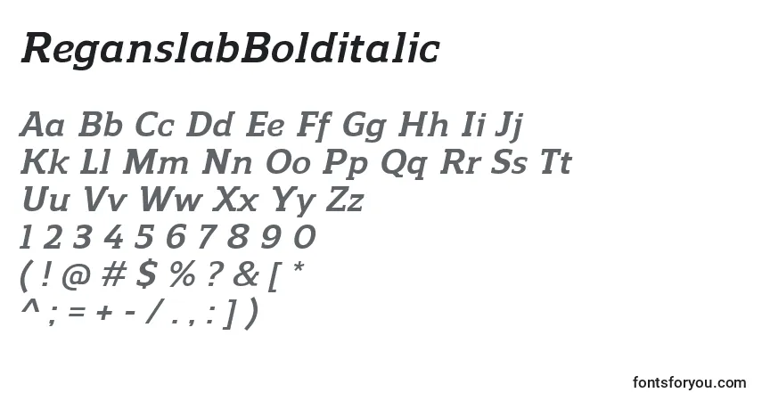 A fonte ReganslabBolditalic – alfabeto, números, caracteres especiais