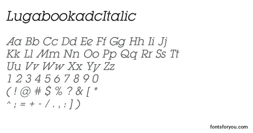 Schriftart LugabookadcItalic – Alphabet, Zahlen, spezielle Symbole