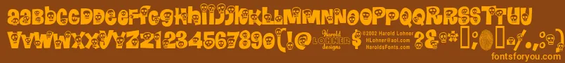 フォントCalaveras – オレンジ色の文字が茶色の背景にあります。