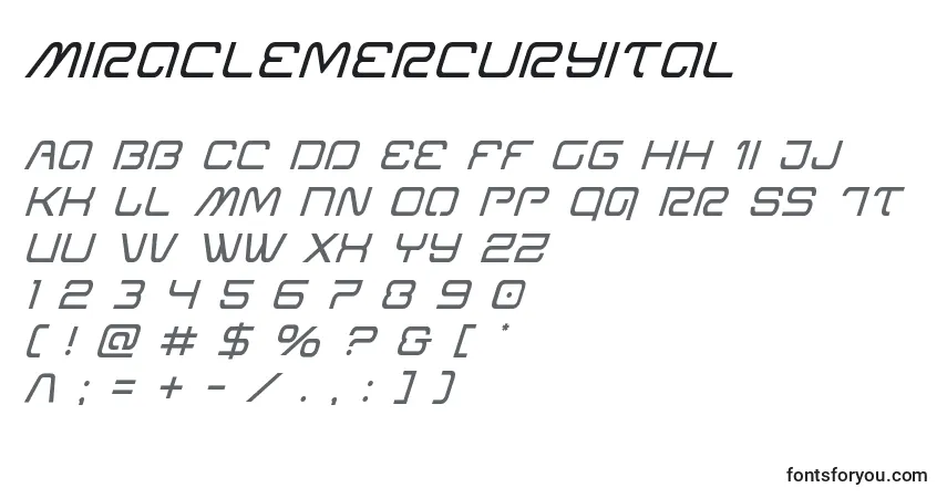 Czcionka Miraclemercuryital – alfabet, cyfry, specjalne znaki