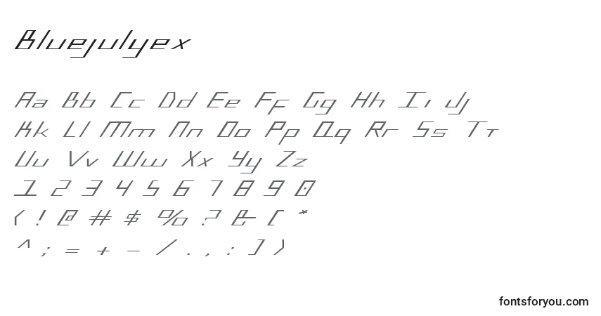 Schriftart Bluejulyex – Alphabet, Zahlen, spezielle Symbole