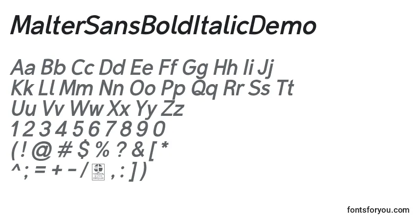 Schriftart MalterSansBoldItalicDemo – Alphabet, Zahlen, spezielle Symbole