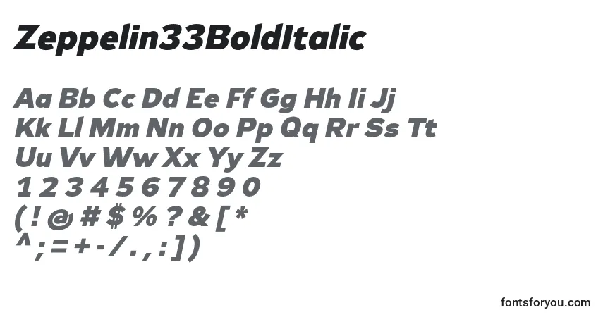 Шрифт Zeppelin33BoldItalic – алфавит, цифры, специальные символы