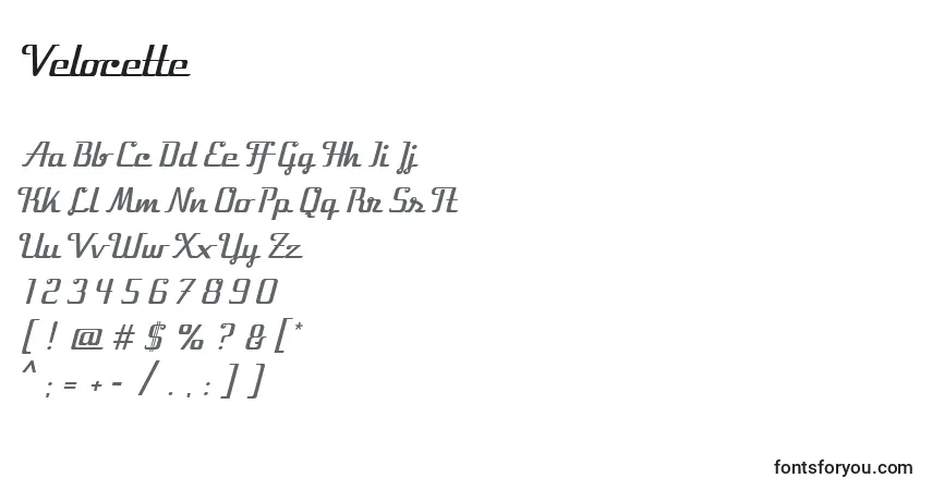 Schriftart Velocette – Alphabet, Zahlen, spezielle Symbole
