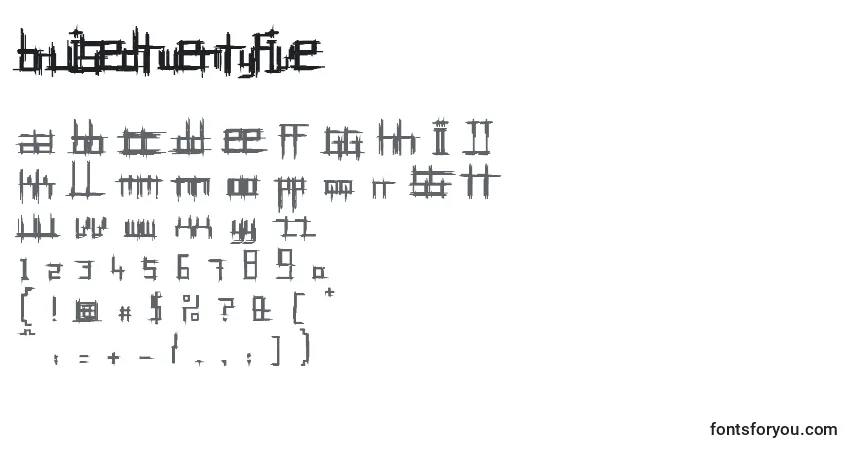 Czcionka BruisedTwentyfive – alfabet, cyfry, specjalne znaki