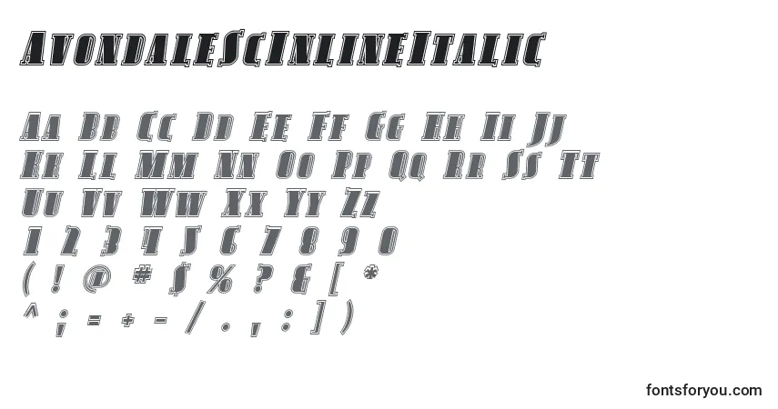 Czcionka AvondaleScInlineItalic – alfabet, cyfry, specjalne znaki