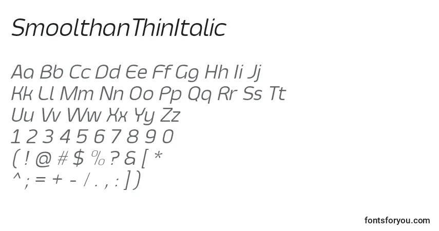 SmoolthanThinItalicフォント–アルファベット、数字、特殊文字