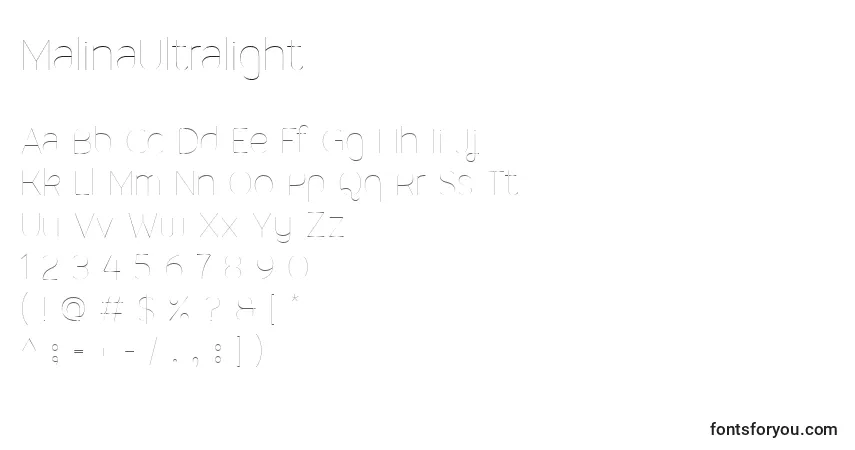Шрифт MalinaUltralight – алфавит, цифры, специальные символы
