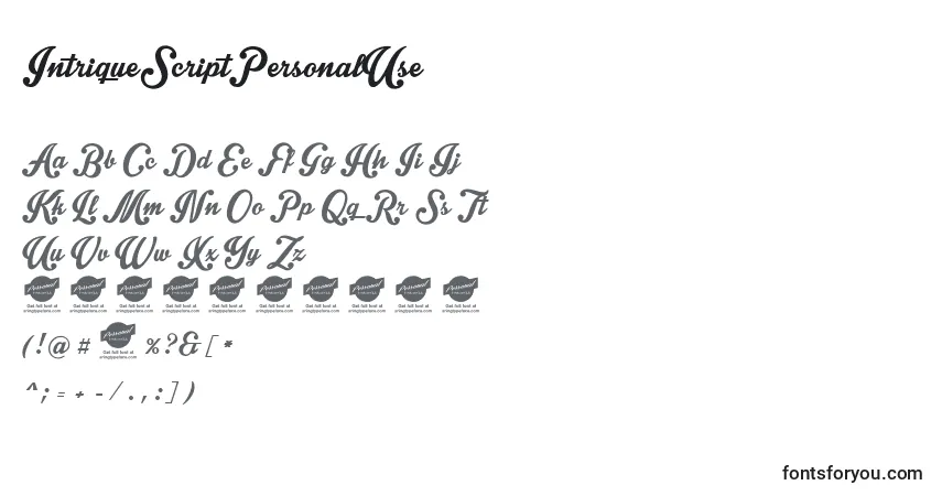 Czcionka IntriqueScriptPersonalUse – alfabet, cyfry, specjalne znaki