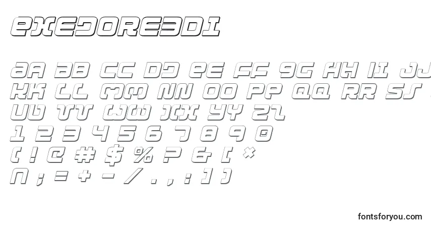 Czcionka Exedore3Di – alfabet, cyfry, specjalne znaki