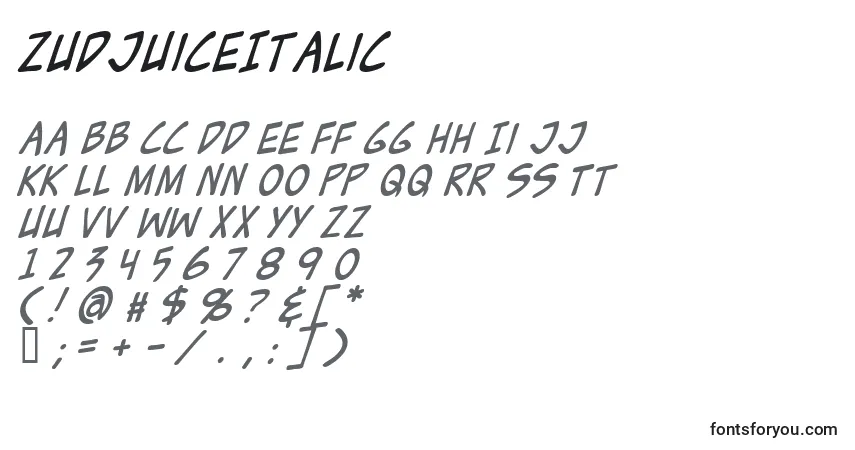 A fonte ZudJuiceItalic – alfabeto, números, caracteres especiais