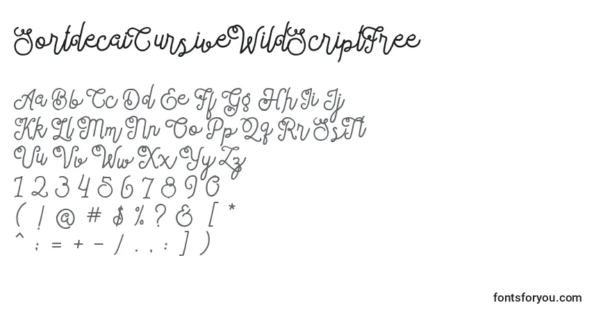 Czcionka SortdecaiCursiveWildScriptFree – alfabet, cyfry, specjalne znaki