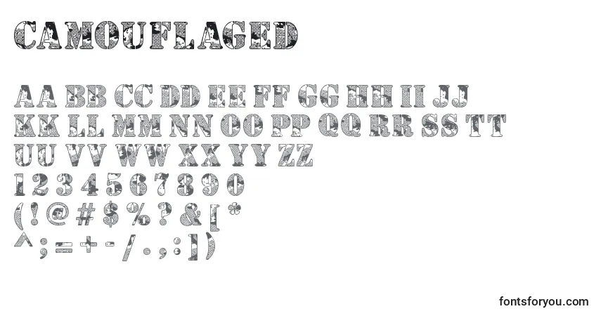 A fonte Camouflaged – alfabeto, números, caracteres especiais