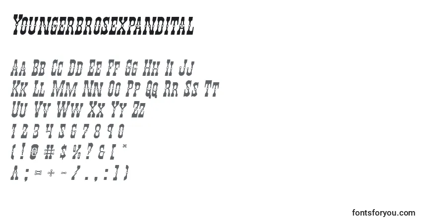 Czcionka Youngerbrosexpandital – alfabet, cyfry, specjalne znaki
