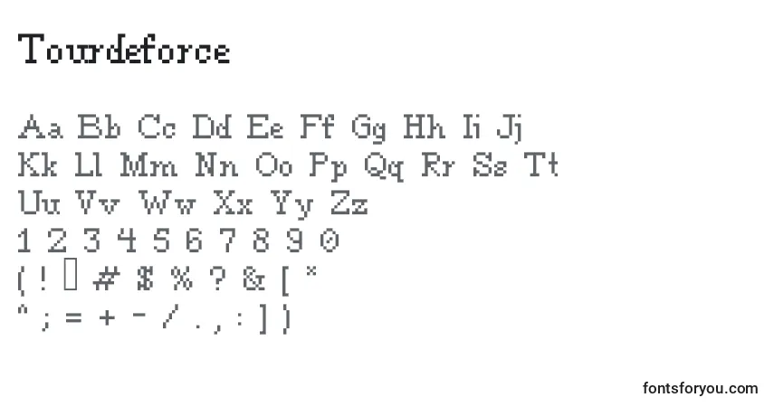 A fonte Tourdeforce – alfabeto, números, caracteres especiais