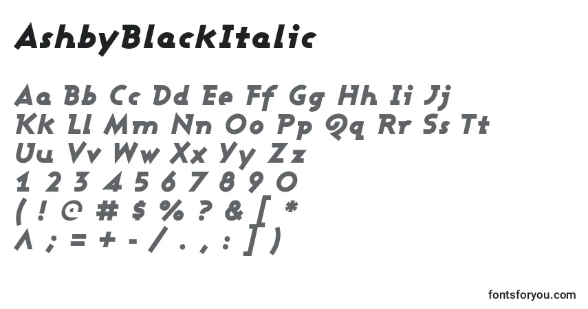 Czcionka AshbyBlackItalic – alfabet, cyfry, specjalne znaki