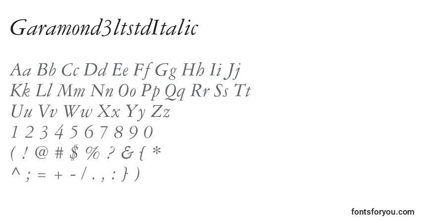 Шрифт Garamond3ltstdItalic – алфавит, цифры, специальные символы