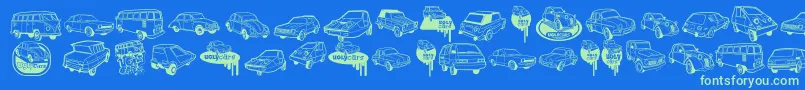 UglyCars-Schriftart – Grüne Schriften auf blauem Hintergrund