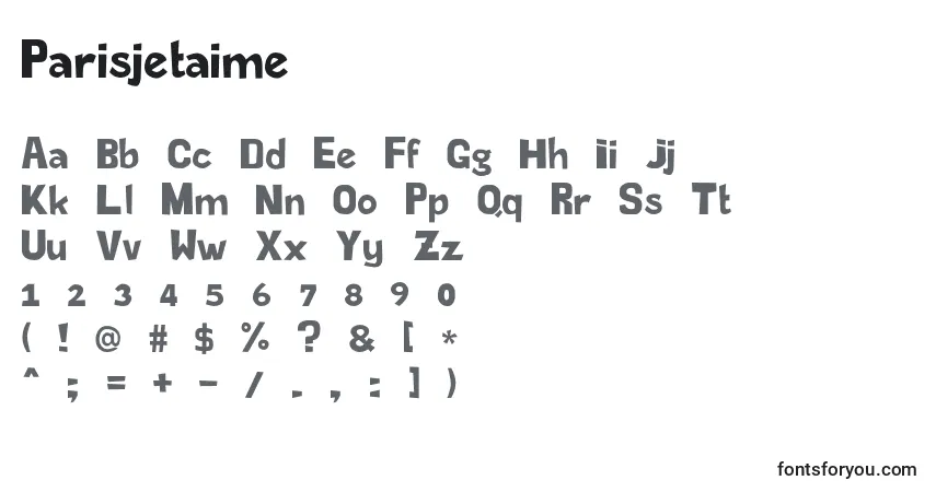 Czcionka Parisjetaime – alfabet, cyfry, specjalne znaki