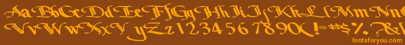 フォントBottomoutone104RegularTtext – オレンジ色の文字が茶色の背景にあります。