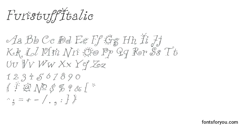 A fonte FunstuffItalic – alfabeto, números, caracteres especiais