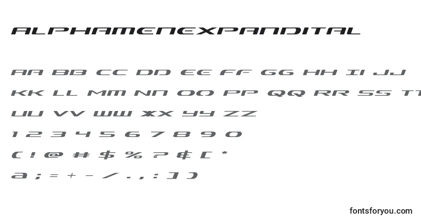 Alphamenexpandital-fontti – aakkoset, numerot, erikoismerkit