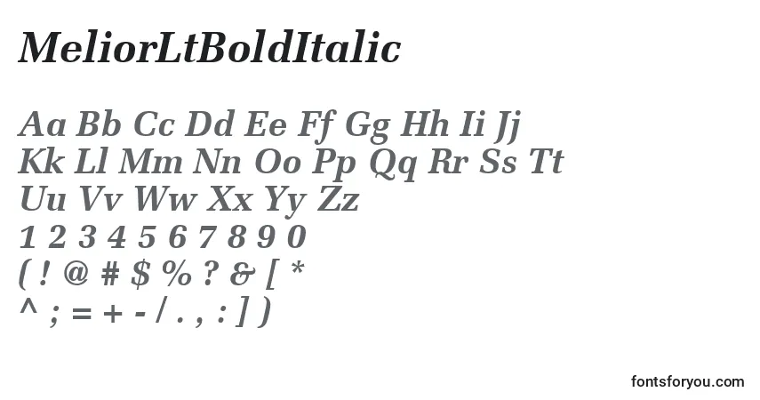 A fonte MeliorLtBoldItalic – alfabeto, números, caracteres especiais