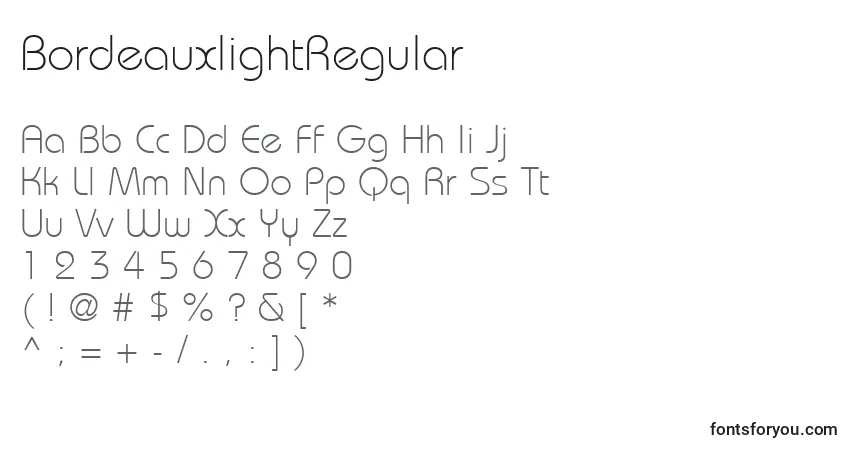 Шрифт BordeauxlightRegular – алфавит, цифры, специальные символы