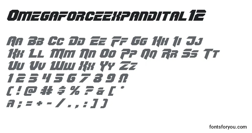 Czcionka Omegaforceexpandital12 – alfabet, cyfry, specjalne znaki