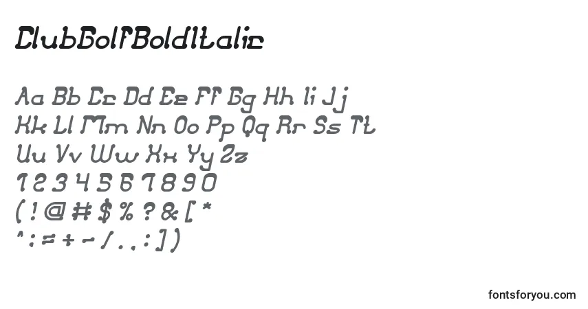 A fonte ClubGolfBoldItalic – alfabeto, números, caracteres especiais