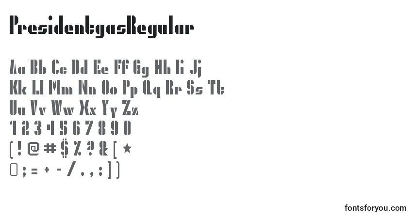Czcionka PresidentgasRegular – alfabet, cyfry, specjalne znaki