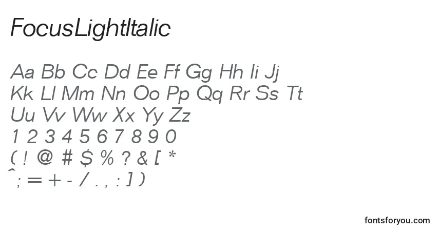A fonte FocusLightItalic – alfabeto, números, caracteres especiais