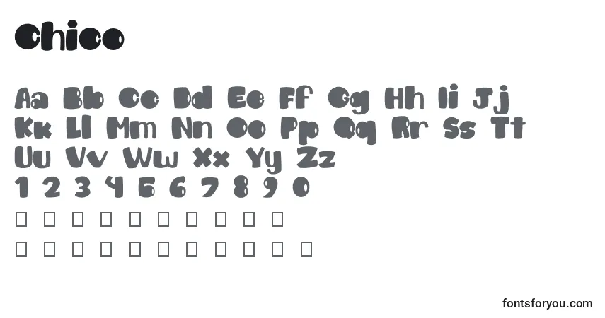 Czcionka Chico – alfabet, cyfry, specjalne znaki
